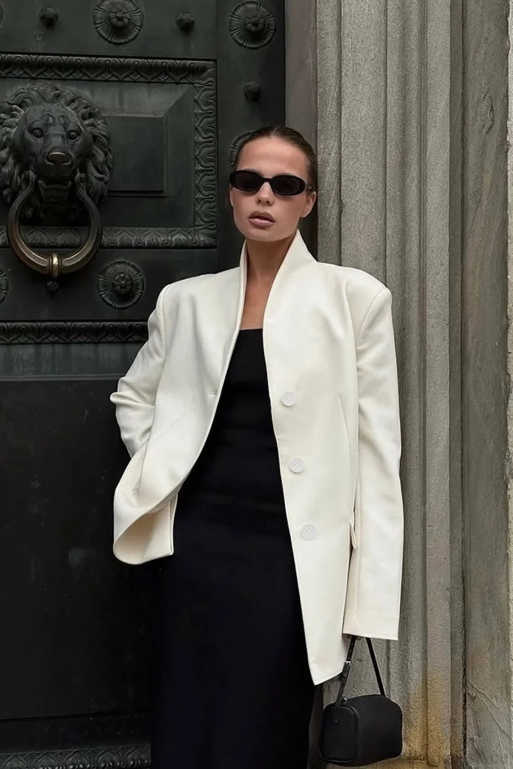 Minimalist White V-Neck Elegant Relaxed Coat image 1