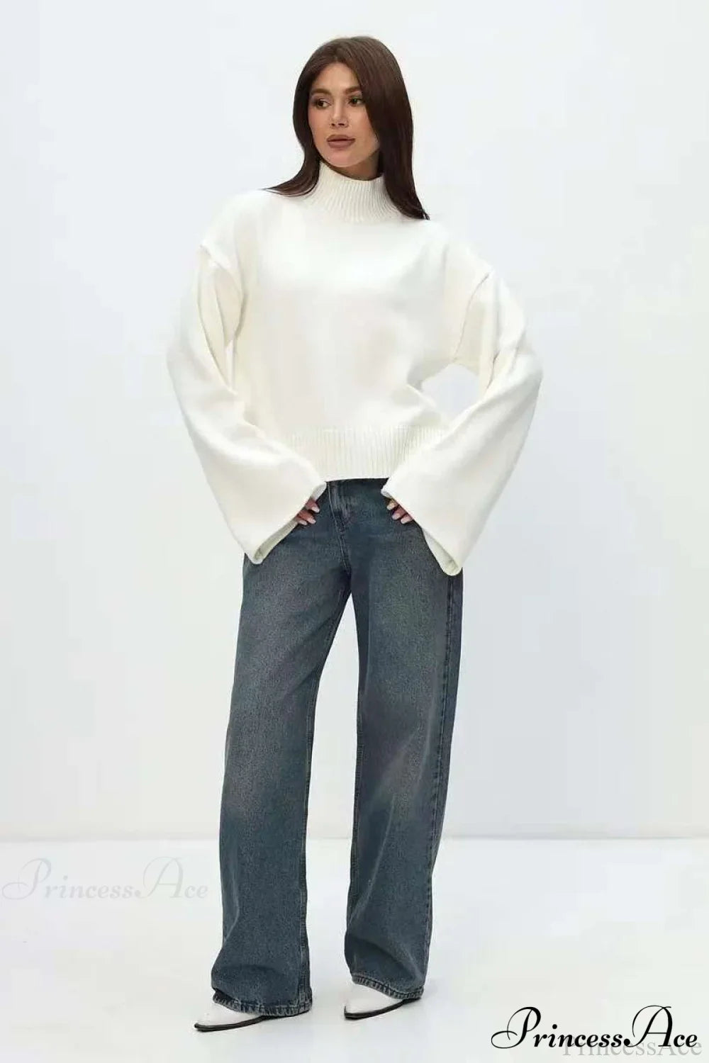 Mock Neck Bell-Sleeve Loose Short Sweater image 8