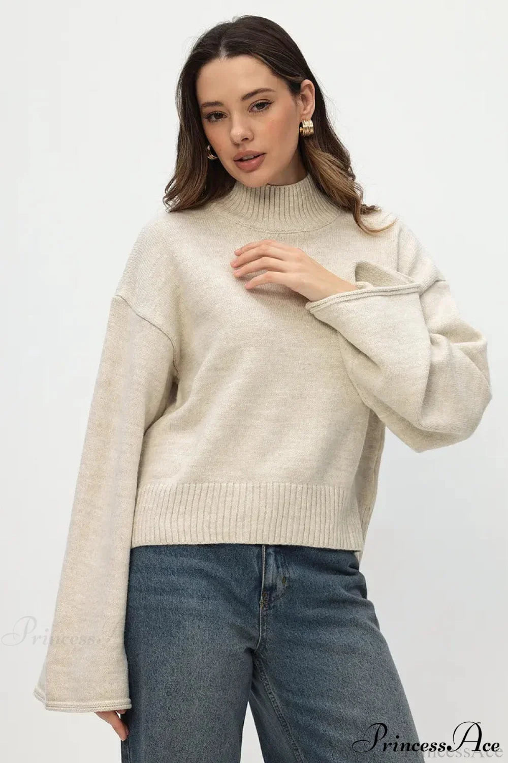 Mock Neck Bell-Sleeve Loose Short Sweater image 13