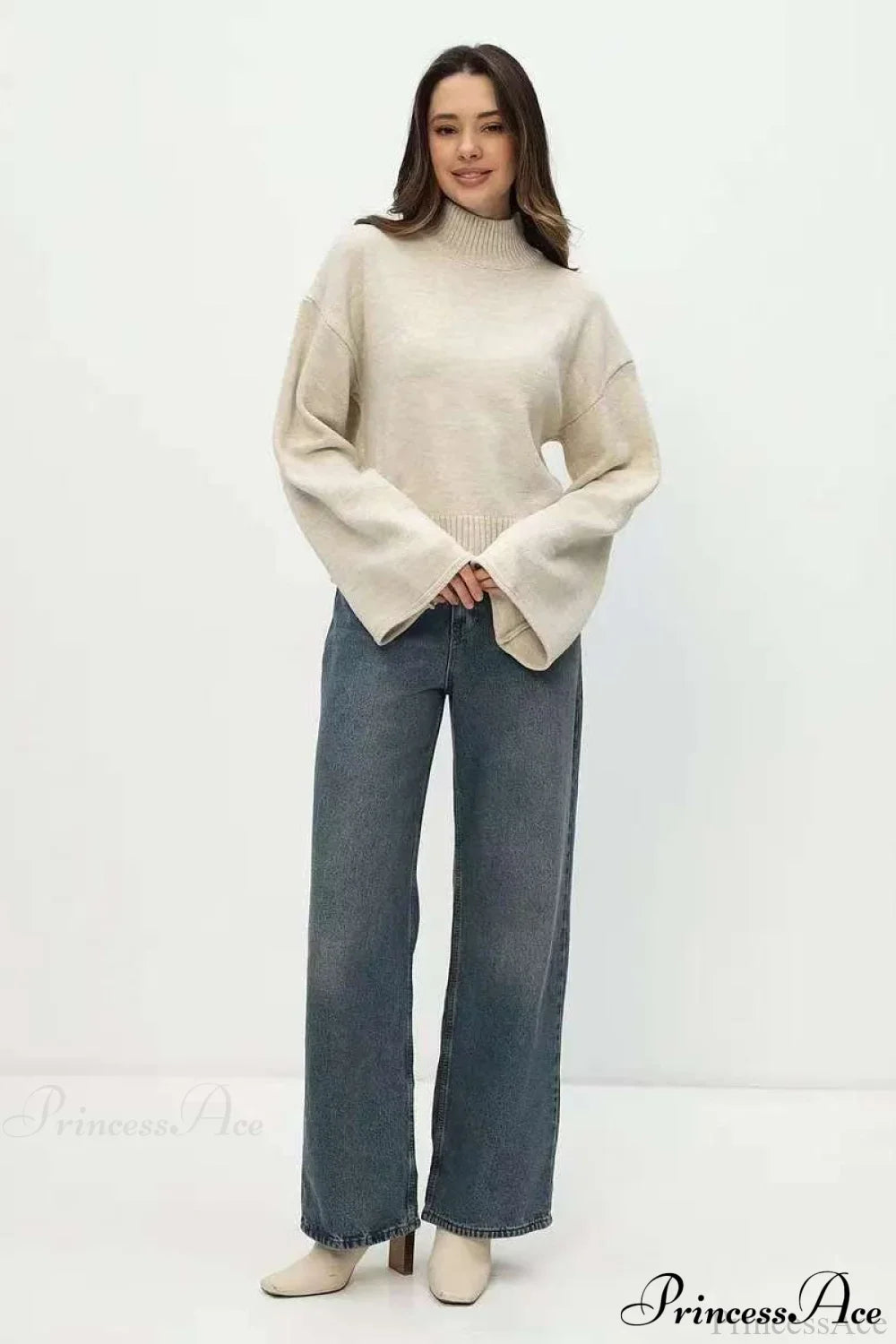 Mock Neck Bell-Sleeve Loose Short Sweater image 14