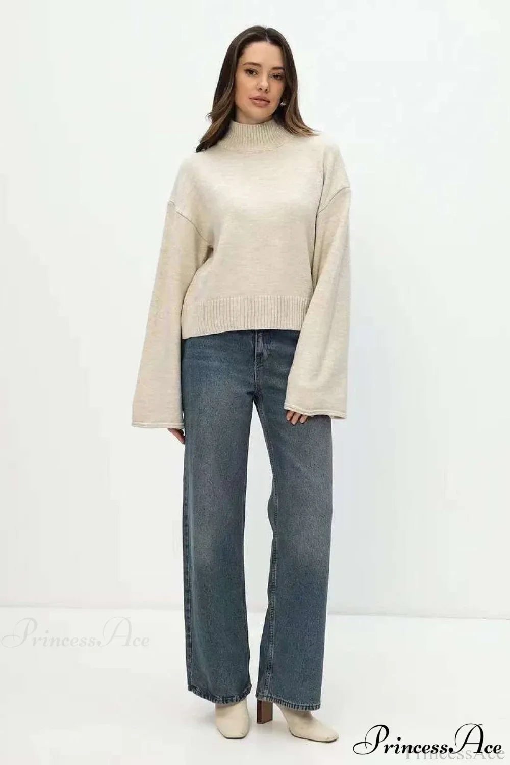Mock Neck Bell-Sleeve Loose Short Sweater image 15
