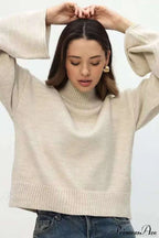 Mock Neck Bell-Sleeve Loose Short Sweater image 11