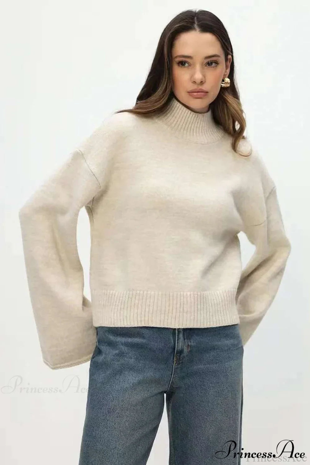 Mock Neck Bell-Sleeve Loose Short Sweater image 12