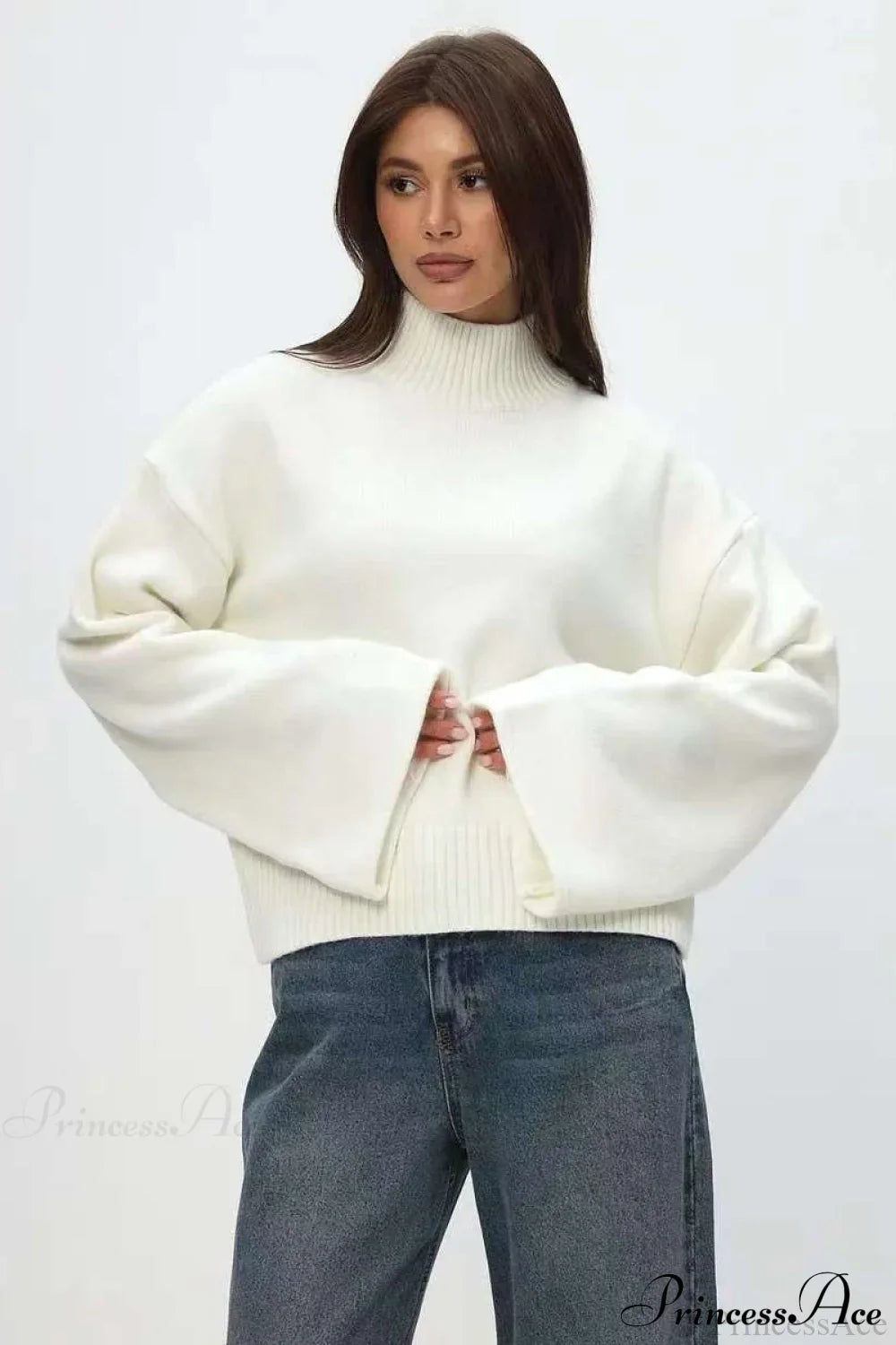 Mock Neck Bell-Sleeve Loose Short Sweater image 7