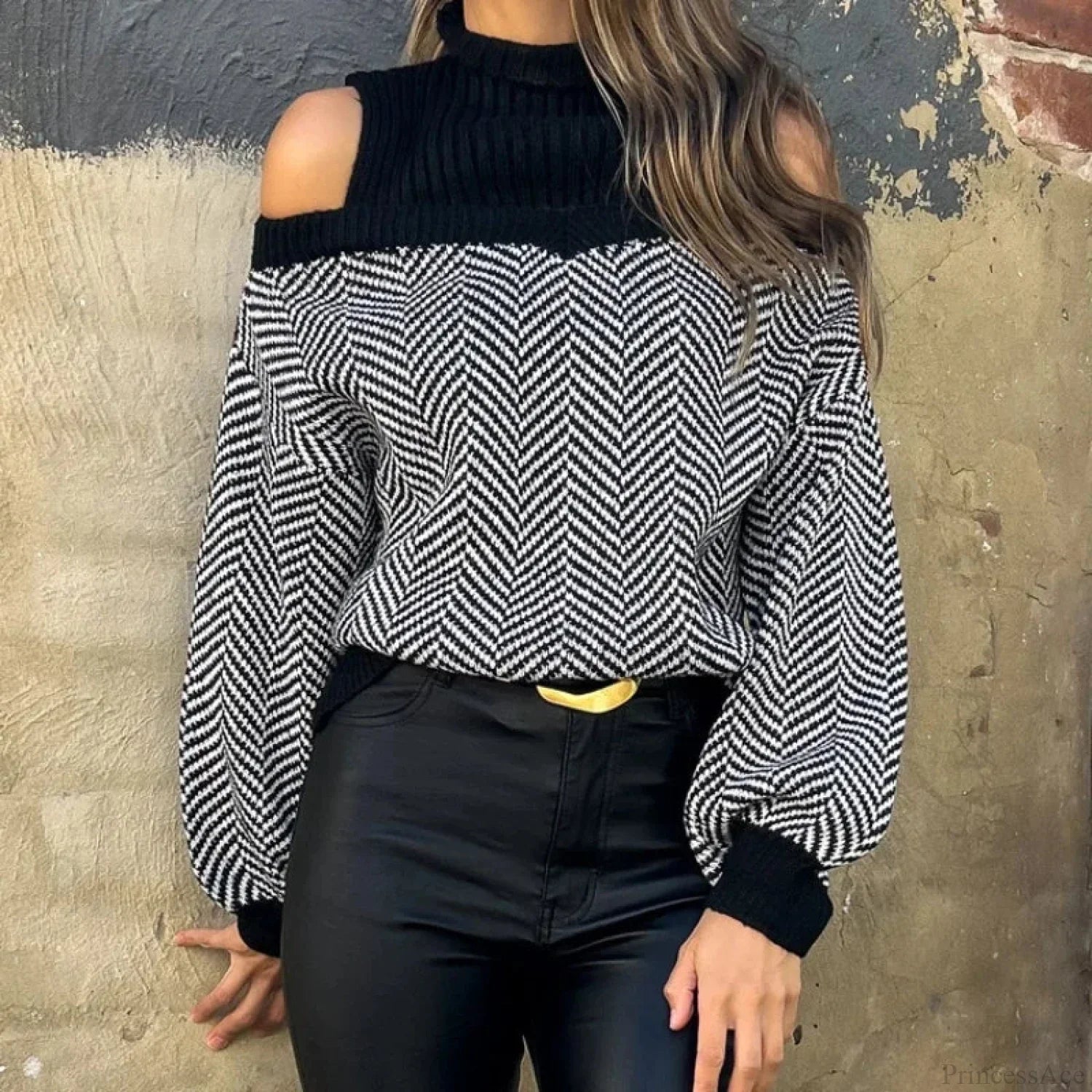 Mock Neck Hollow Out Black Sweater image 1