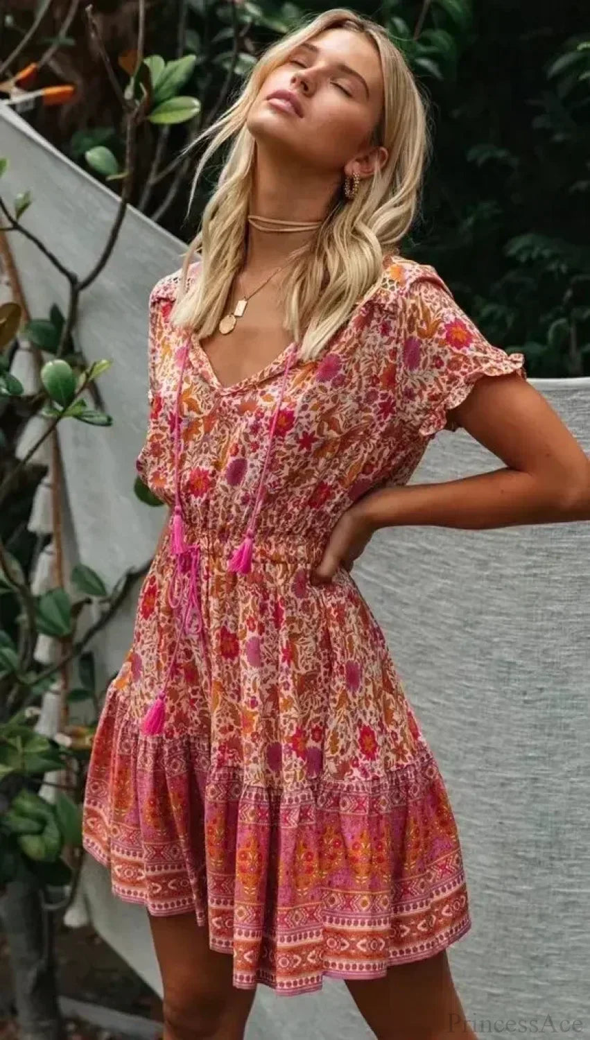 Multi Floral Print V-neck Half Sleeve Loose Mini Boho Dress image 3