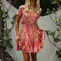 Multi Floral Print V-neck Half Sleeve Loose Mini Boho Dress image 1