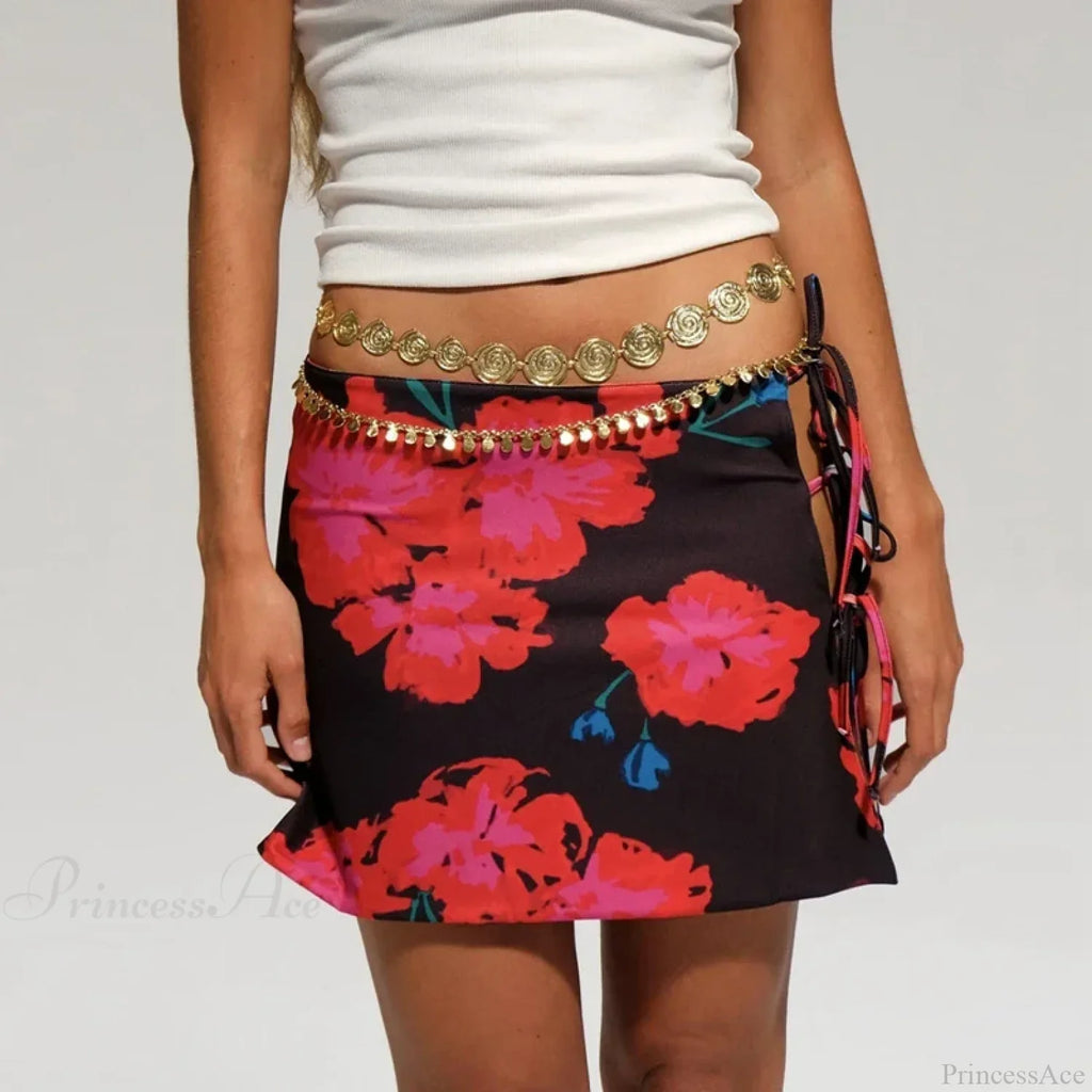 Multi-wear style Floral Print Mini Skirt Crop Tops Women Slim Low Waist Side Split Tie-Up Bodycon Skirt Y2K Vintage Streetwear image 4