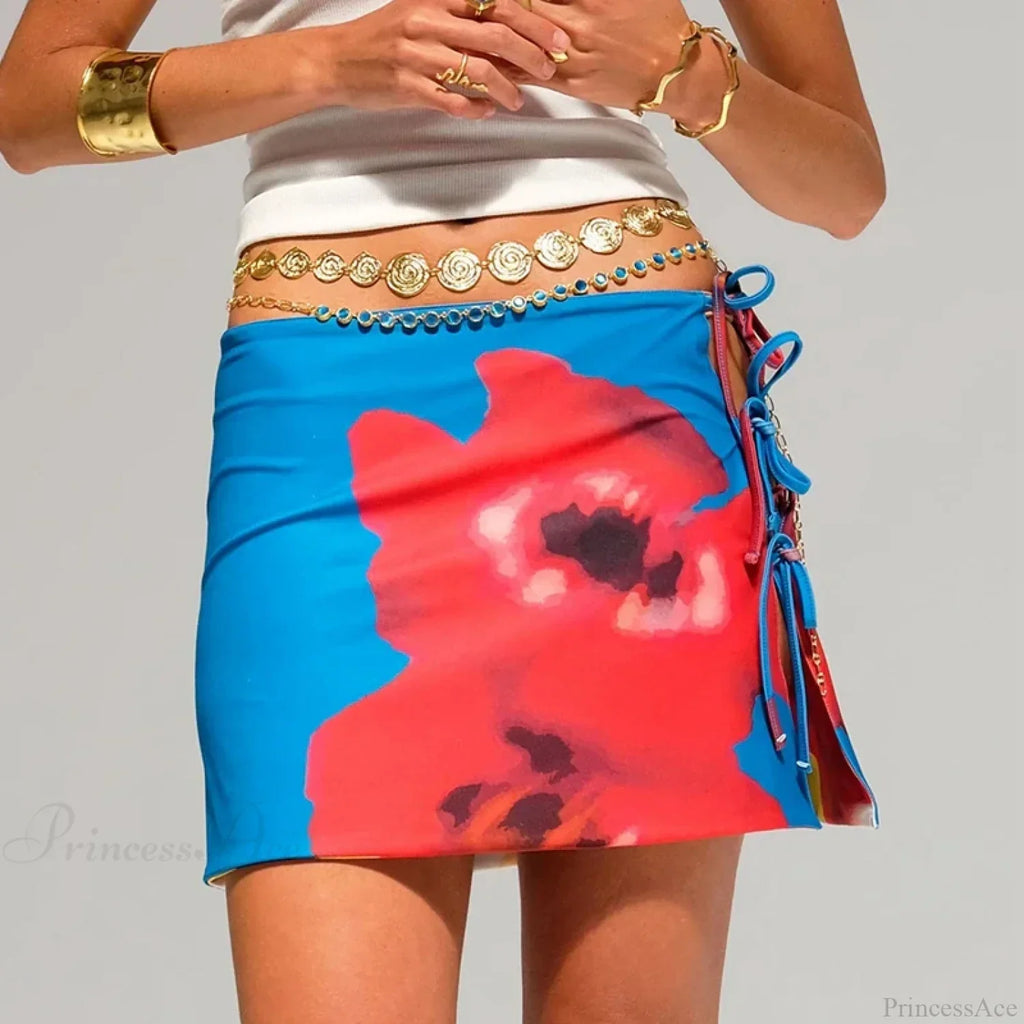 Multi-wear style Floral Print Mini Skirt Crop Tops Women Slim Low Waist Side Split Tie-Up Bodycon Skirt Y2K Vintage Streetwear image 3