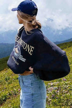 Navy Blue Crew Neck Long Sleeve Sweatshirt with Print image 1