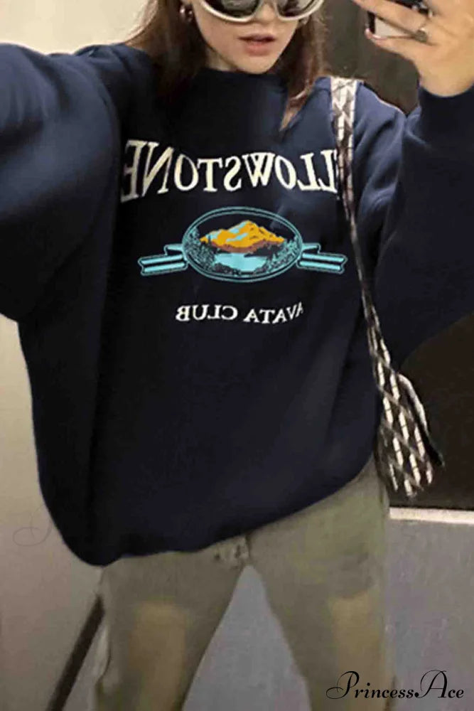 Navy Blue Crew Neck Long Sleeve Sweatshirt with Print image 3