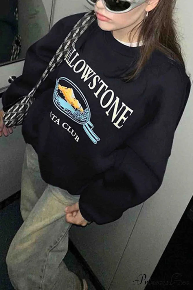 Navy Blue Crew Neck Long Sleeve Sweatshirt with Print image 4