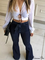 Navy Blue Flared Autumn High-Stretch With Waistband Bell Bottom Wide Legs Denim Jean image 4