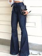 Navy Blue Flared Autumn High-Stretch With Waistband Bell Bottom Wide Legs Denim Jean image 2