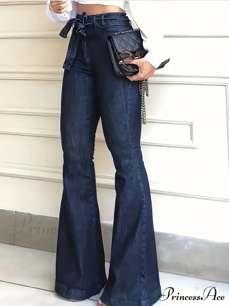 Navy Blue Flared Autumn High-Stretch With Waistband Bell Bottom Wide Legs Denim Jean image 2