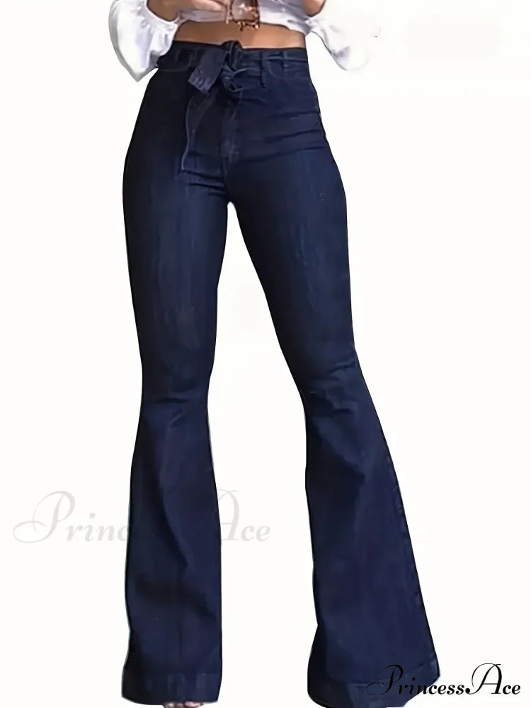 Navy Blue Flared Autumn High-Stretch With Waistband Bell Bottom Wide Legs Denim Jean image 5