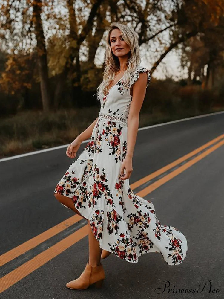 Neck Full-Length V Asymmetry Flowered Bohemia Backless Dress image 4