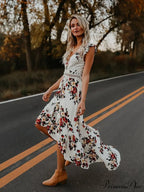 Neck Full-Length V Asymmetry Flowered Bohemia Backless Dress image 4