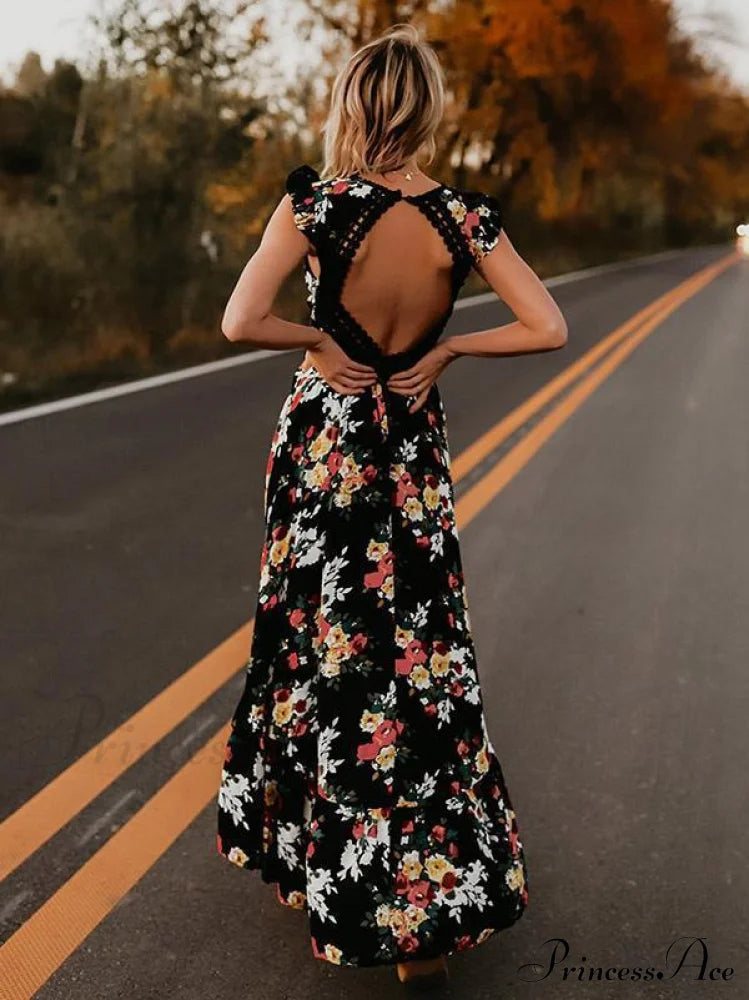 Neck Full-Length V Asymmetry Flowered Bohemia Backless Dress image 2