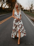 Neck Full-Length V Asymmetry Flowered Bohemia Backless Dress image 1