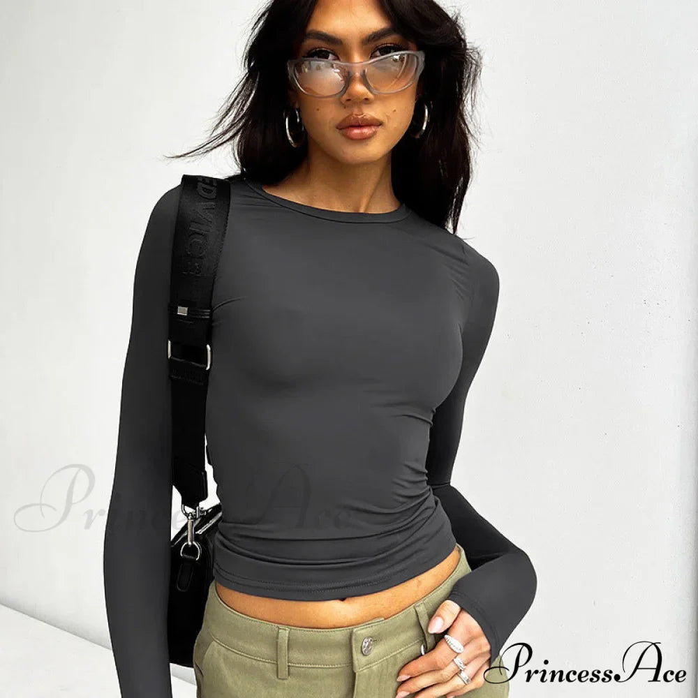 Neck Women's Arm Round Long Color Solid Slim T-Shirt image 1