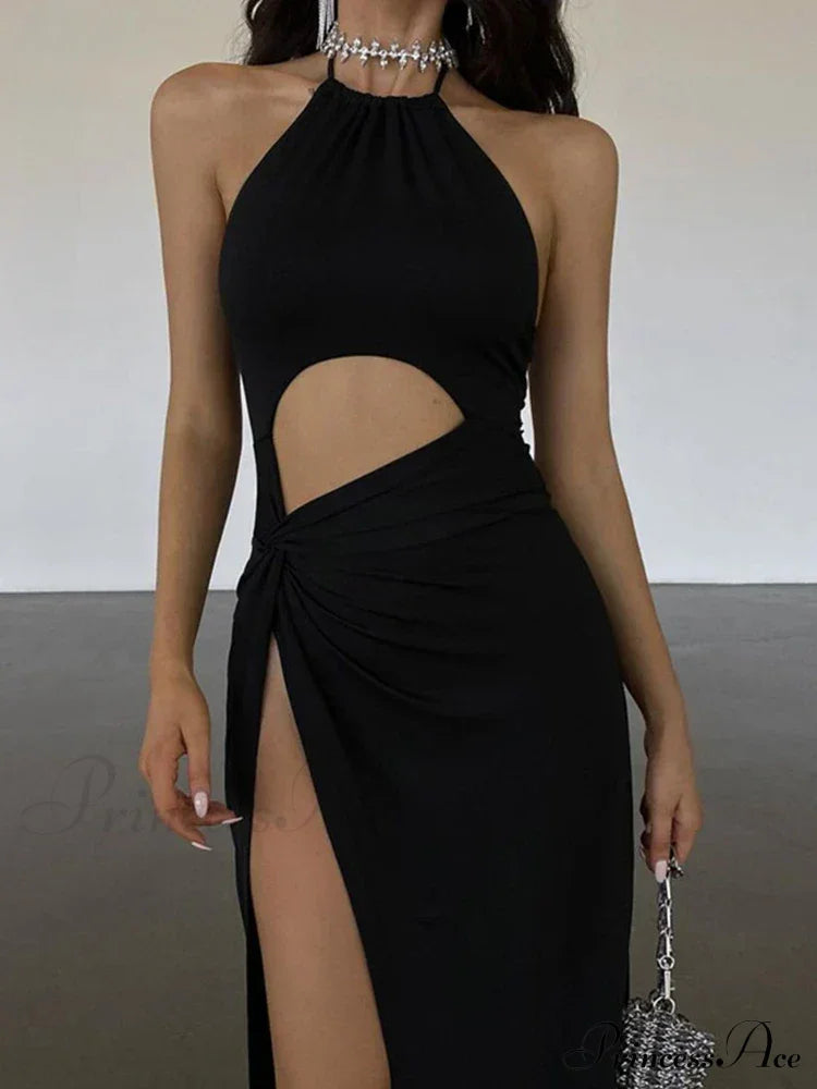 Neckline Back Split Knitted Maxi Dress image 1
