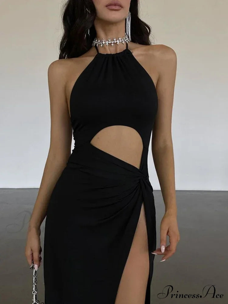 Neckline Back Split Knitted Maxi Dress image 2