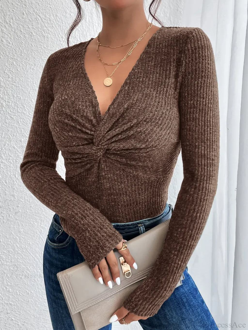 New Design Kink Deep V-Neck Solid Color Slim Sweater Top Women image 3