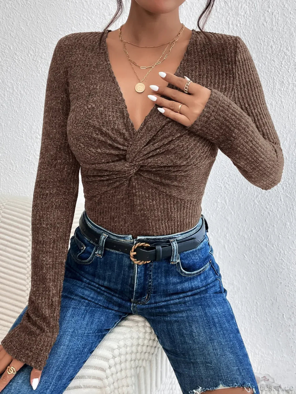 New Design Kink Deep V-Neck Solid Color Slim Sweater Top Women image 5