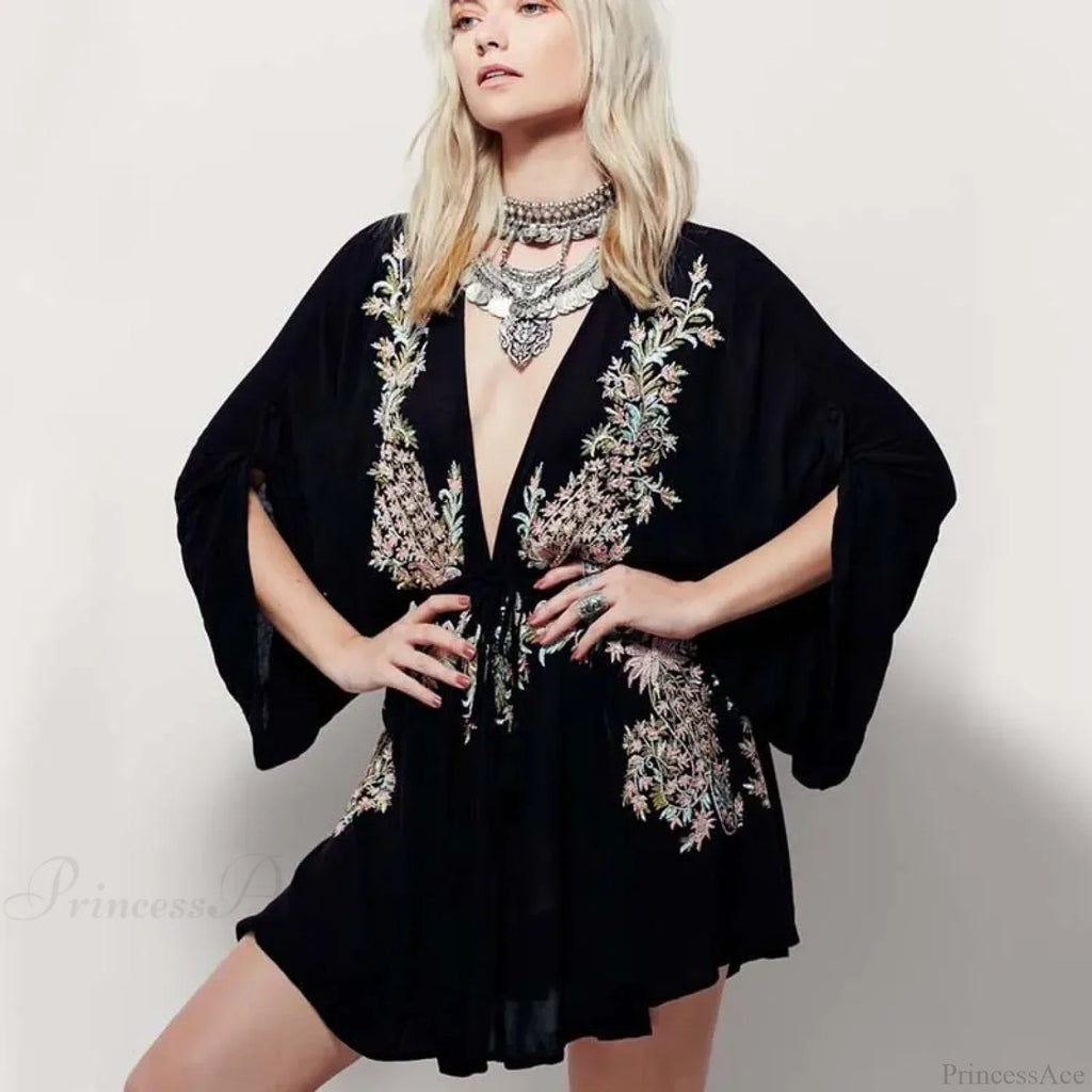 New Floral Embroidery Boho Dress Sexy Beach Dress Deep V-neck Mini Party image 3