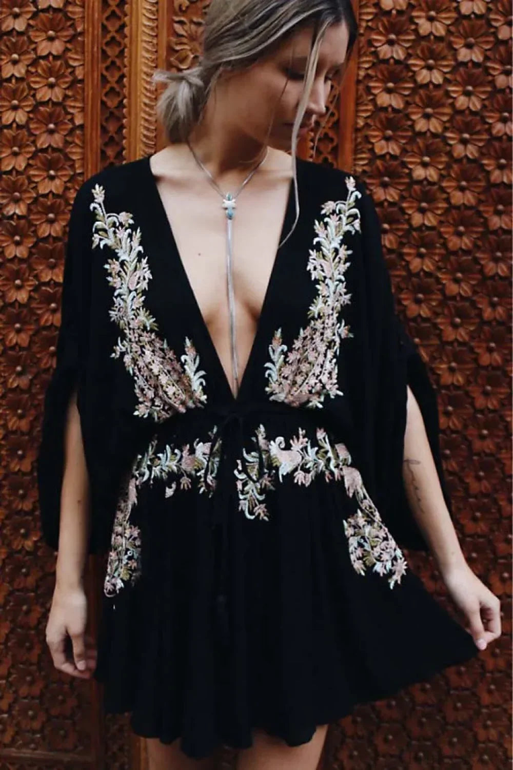 New Floral Embroidery Boho Dress Sexy Beach Dress Deep V-neck Mini Party image 2