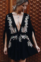 New Floral Embroidery Boho Dress Sexy Beach Dress Deep V-neck Mini Party image 2