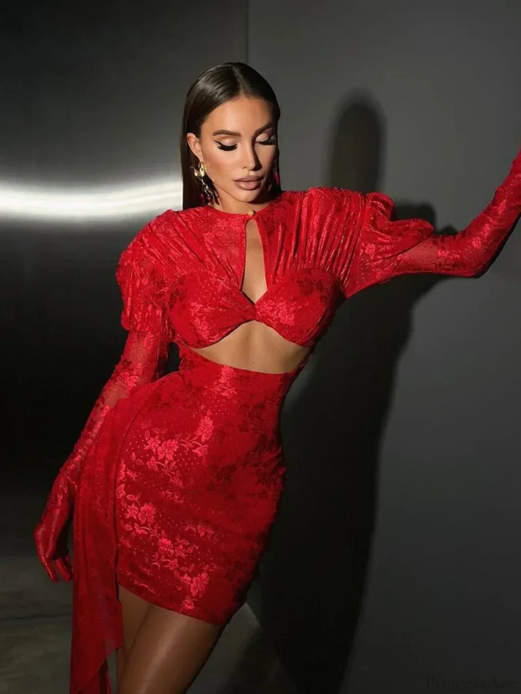 New Sexy Gloves Long Sleeves Cutout Pleated Draped Mini Party Dress image 6