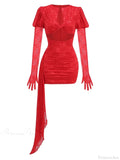 New Sexy Gloves Long Sleeves Cutout Pleated Draped Mini Party Dress image 7