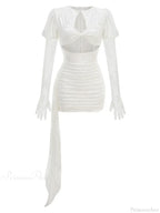 New Sexy Gloves Long Sleeves Cutout Pleated Draped Mini Party Dress image 8