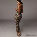 New Sexy Spaghetti Strap Leopard Print Sleeveless V-neck Maxi Evening Party Bodycon Dress image 3