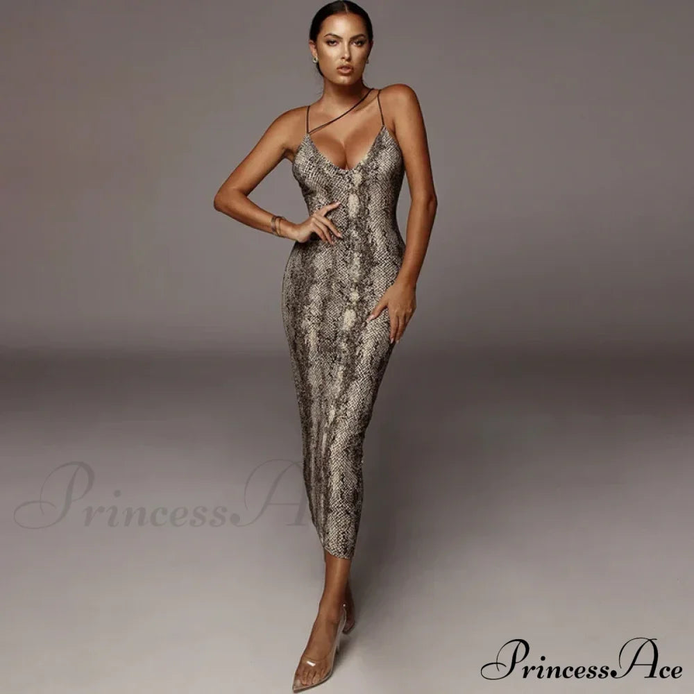 New Sexy Spaghetti Strap Leopard Print Sleeveless V-neck Maxi Evening Party Bodycon Dress image 4