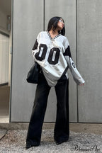 Number Print V Neck Color Block Loose Sweatshirt image 3