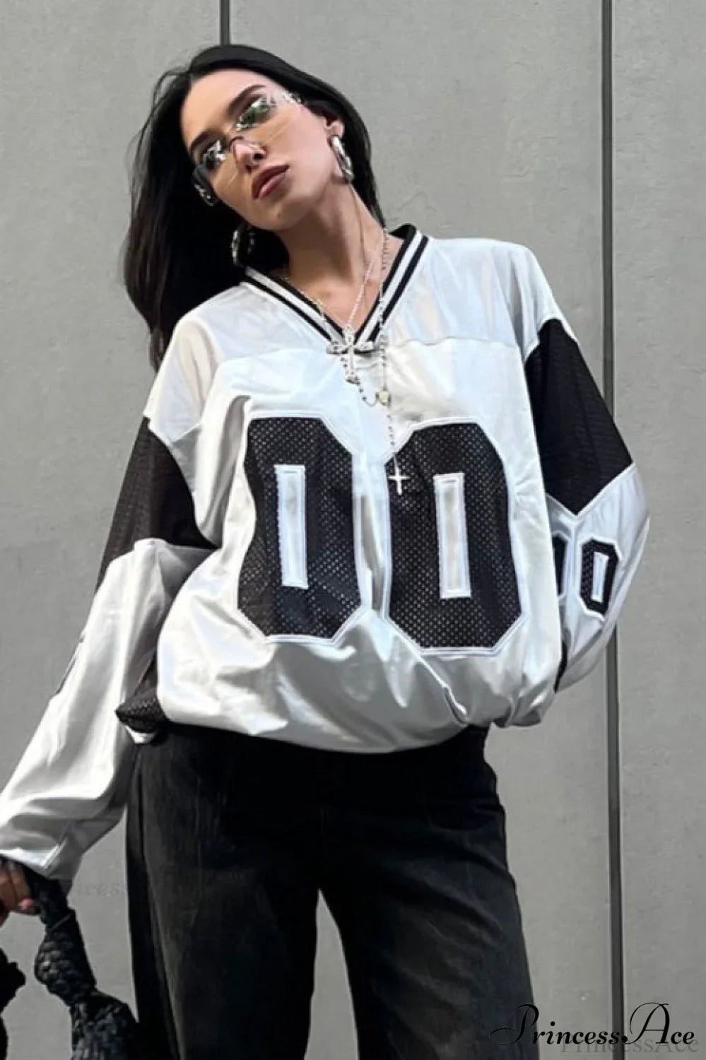 Number Print V Neck Color Block Loose Sweatshirt image 2
