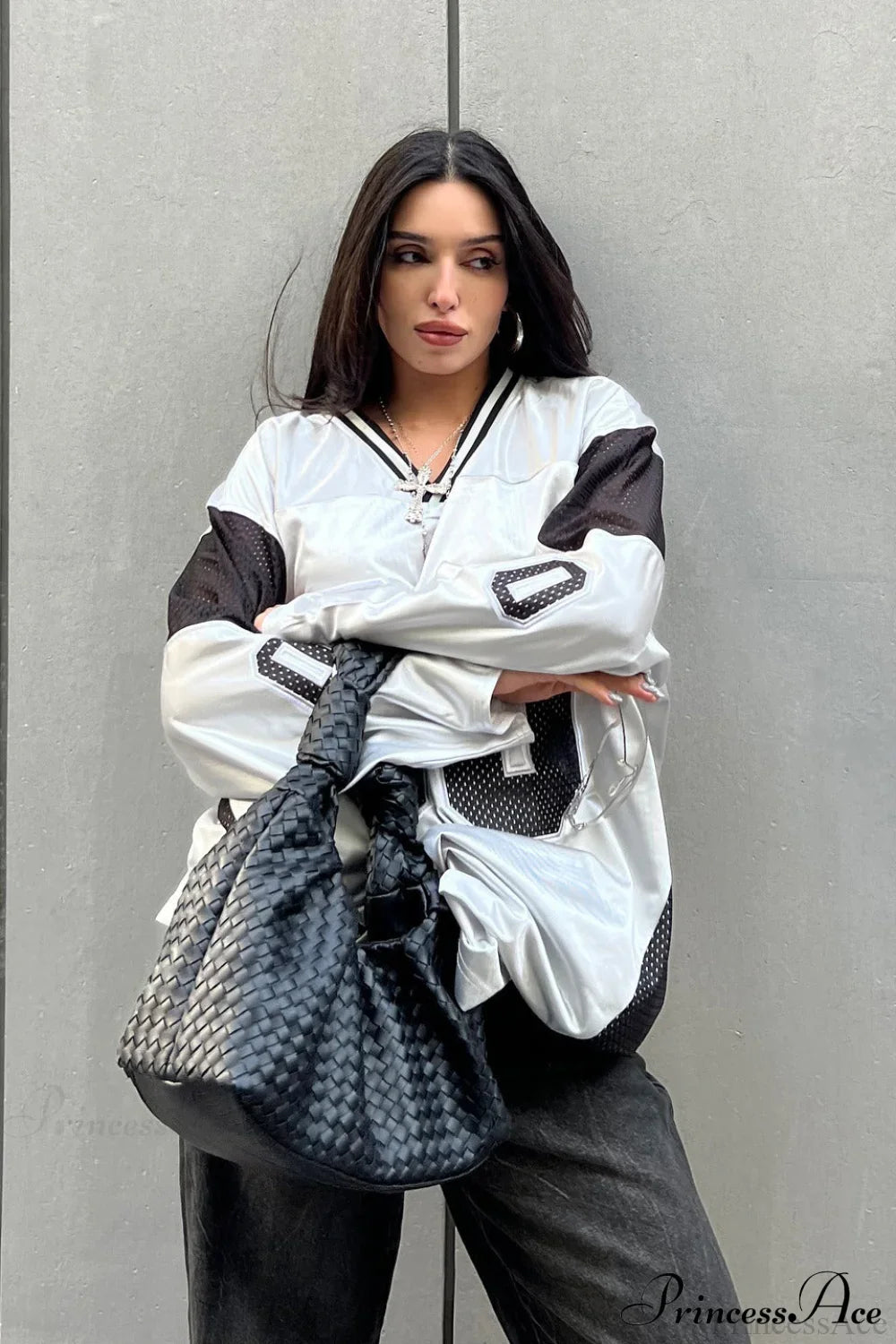 Number Print V Neck Color Block Loose Sweatshirt image 1