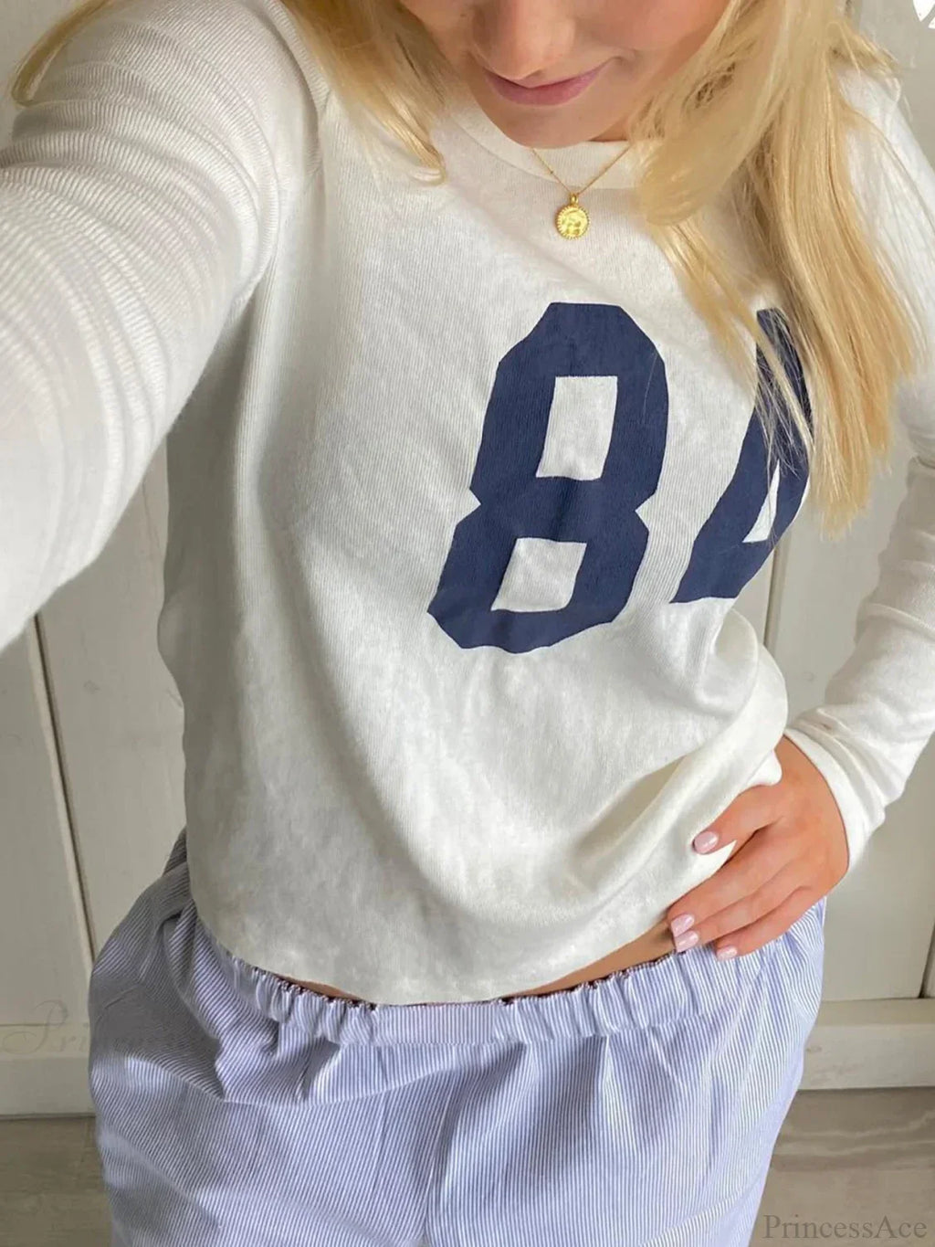Number Printed Slim O-Neck Long Sleeve Knit Top image 1