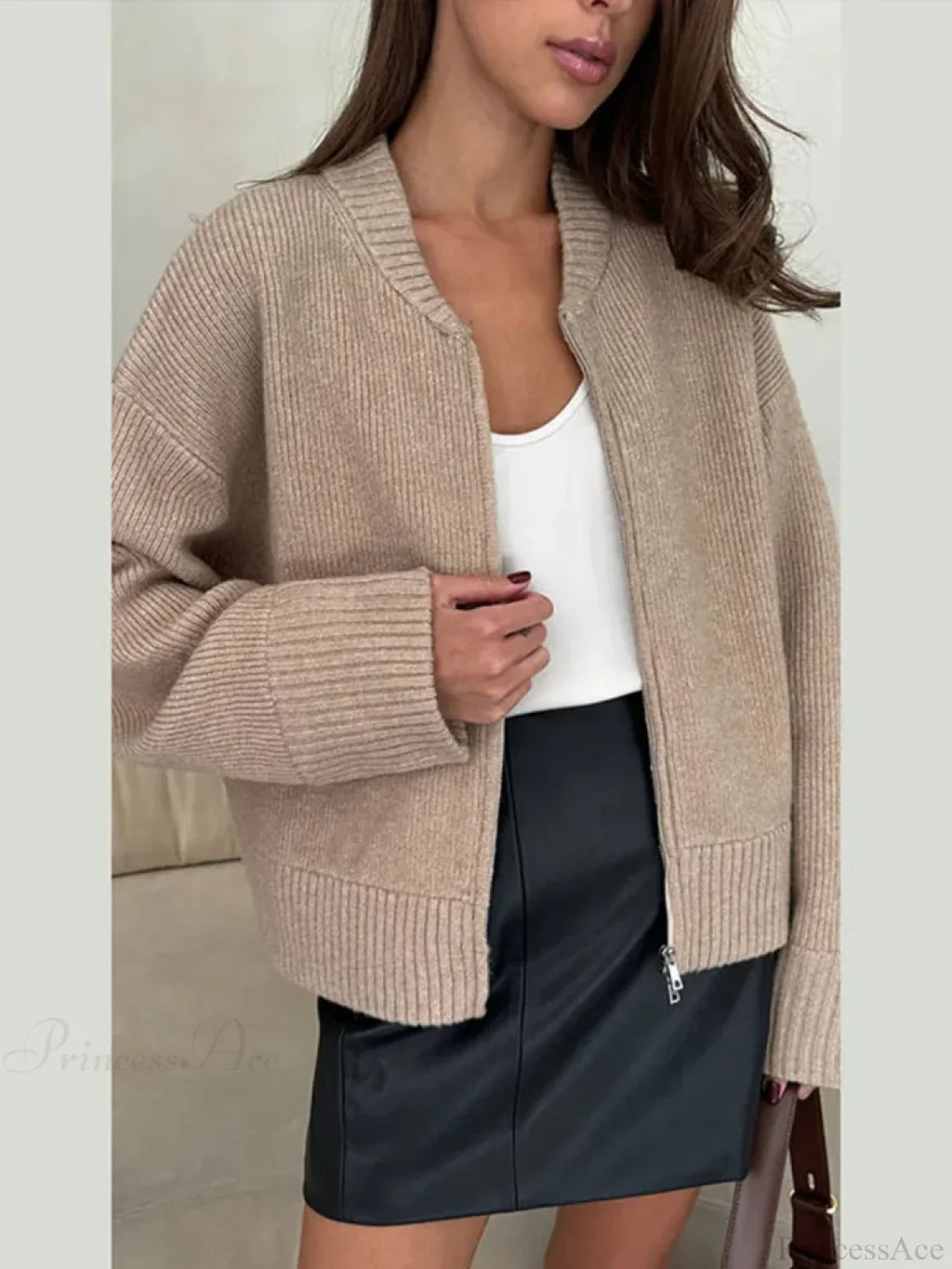 O-neck Zipper Loose Knit Cardigan image 5