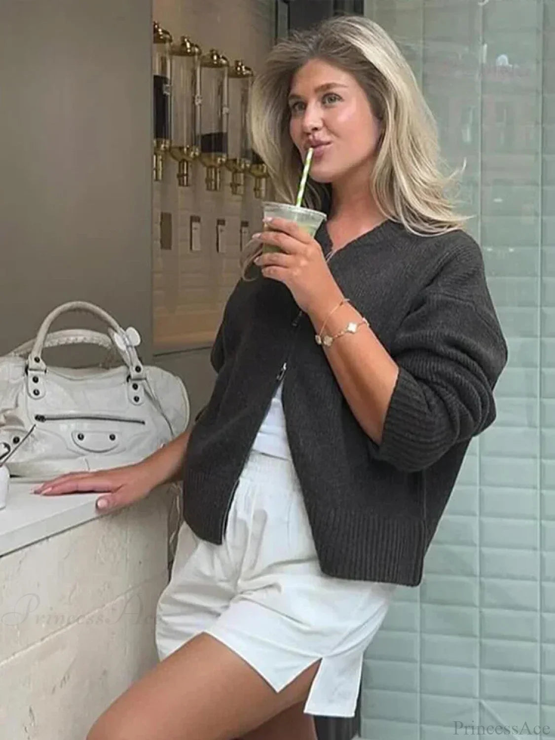 O-neck Zipper Loose Knit Cardigan image 4