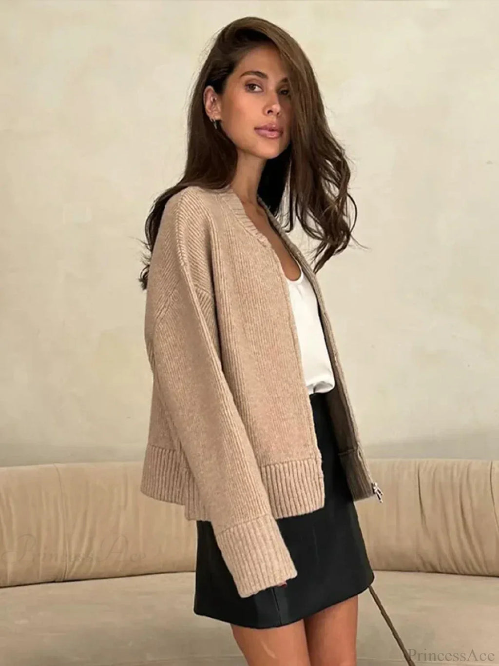 O-neck Zipper Loose Knit Cardigan image 6