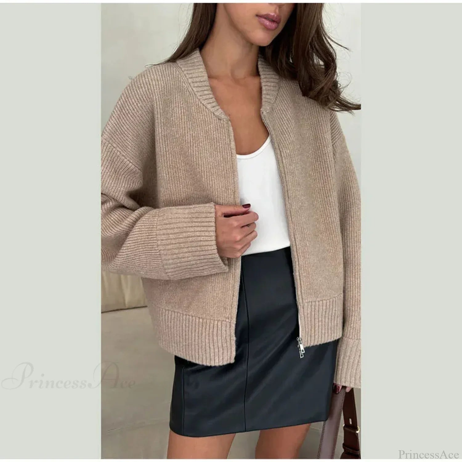 O-neck Zipper Loose Knit Cardigan image 7