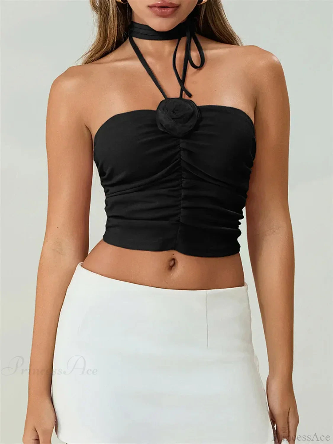 Off Shoulder 3D Flower Ruched Tube Crop Top image 1