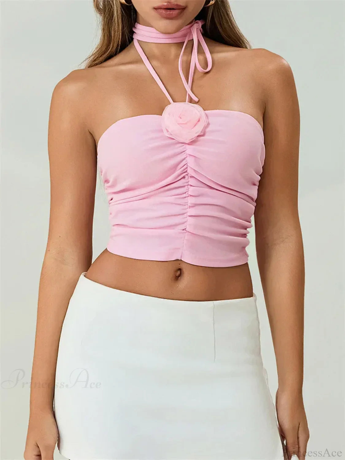 Off Shoulder 3D Flower Ruched Tube Crop Top image 3