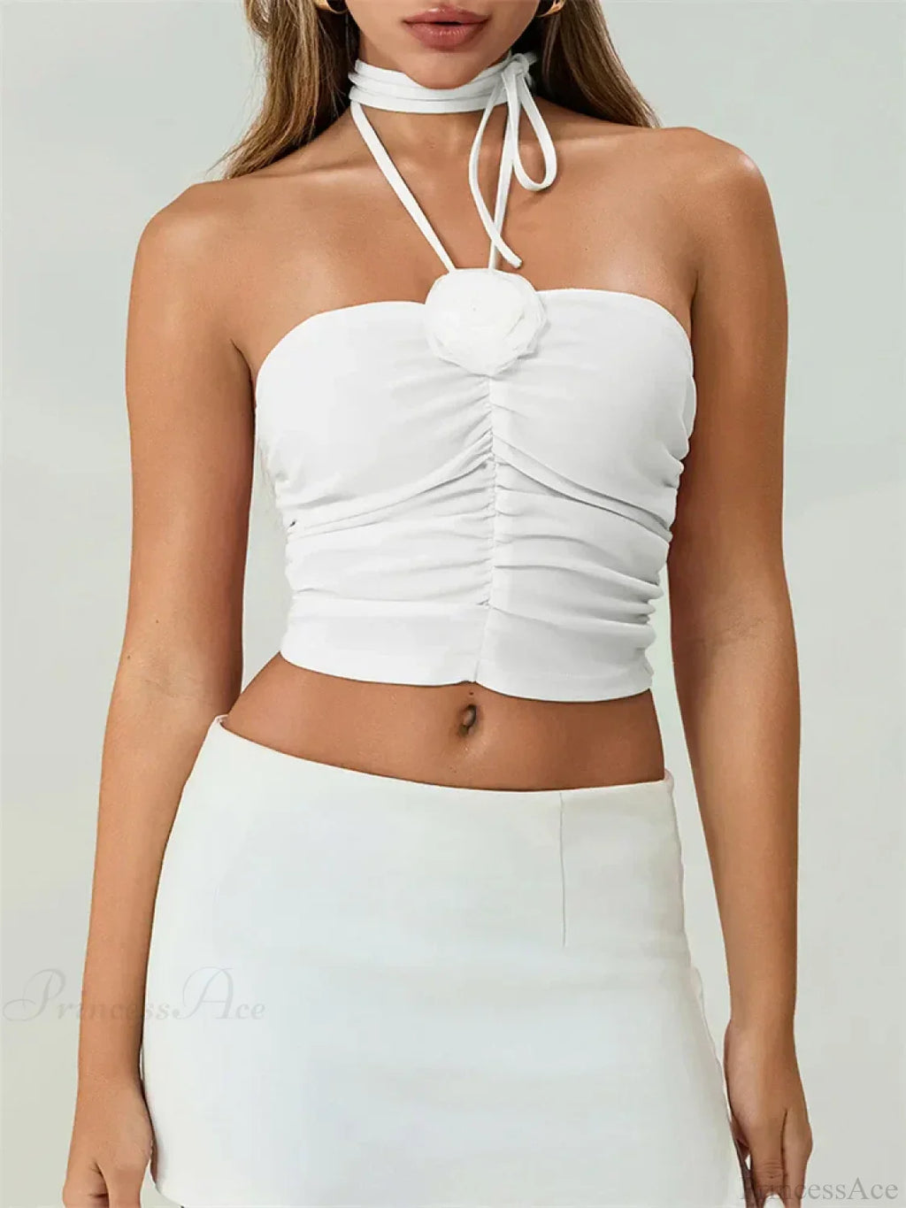 Off Shoulder 3D Flower Ruched Tube Crop Top image 5