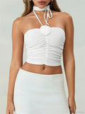 Off Shoulder 3D Flower Ruched Tube Crop Top image 5