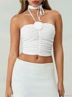 Off Shoulder 3D Flower Ruched Tube Crop Top image 5
